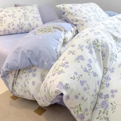 Floral Duvet Cover Full Size Purple Lavender Heart Bedding Set 3Pcs Spring Romantic Aesthetic Garden Flower Love Pattern Cooling Comforter Cover with Zipper Closure and 2 Pillowcases
