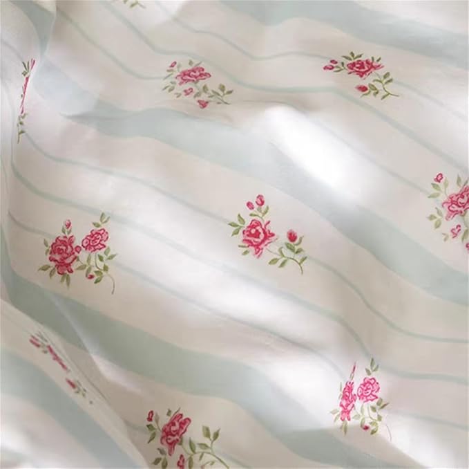 Blue White Striped Duvet Cover Queen Size Romantic Floral Bedding Set with Red Rose 3 Pcs Stripes Aesthetic Botanical Flower Comforter Set for Kids Boys Girls Women