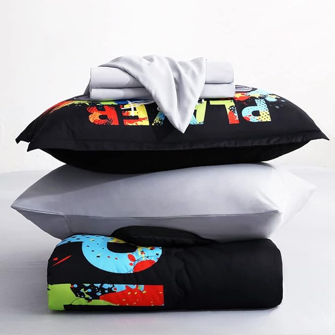 Wajade Kids Gamer Comforter Set Full Size Bed in a Bag for Boys and Girls, 7 Pieces 3D Video Game Controller Printed Bedding Set Includes Comforter, Flat Sheet, Fitted Sheet, Two Pillowcases & Shams