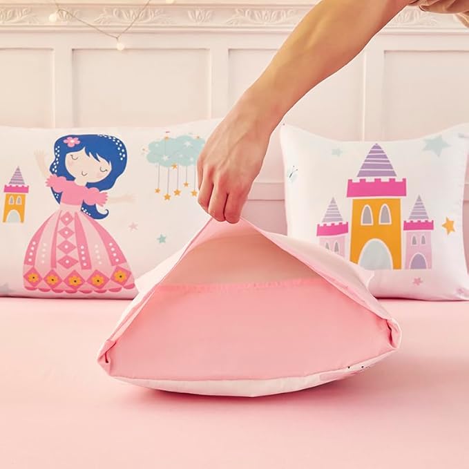 ANGIYUIN Princess Fairy Tales Twin Size Comforter Set for Girls Cartoon Rainbow Love Kids Bed in A Bag with Sheets Cute and Soft Bedding Set for All Season(Princess, Rainbow, Castel, White)