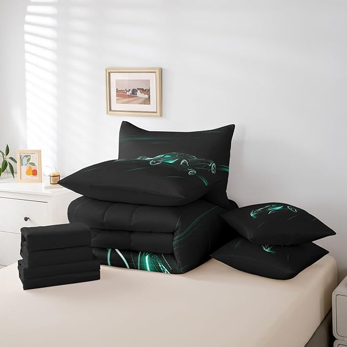 Feelyou Teal Race Car 7 Piece Bedding Set King Size for Kids Boys Extreme Sport Games Comforter Set with Sheets Teens Toddler Fast and Furious Bed in a Bag Cool Modern Bed Set