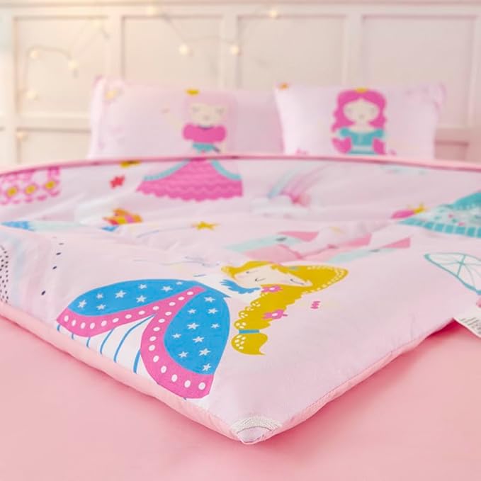 ANGIYUIN Pink Princess Queen Bedding Set Cartoon Rainbow Kids Bed Set Cute Fairy Tales Castle Bedding Set for Girls(1 Comforter, 1 Flat Sheet, 1 Fitted Sheet, 2 Pillowcases,1 Square Pillowcases)
