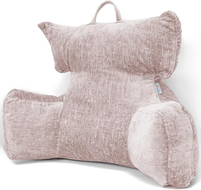 SUNSIDE Reading Pillow with Thickened Arm,Back Pillows for Sitting in Bed,Shredded Memory Foam Bed Rest Pillow with Side/Back Pocket,Backrest Cushion Suitable for Reading, Relaxing(Standard Pink)