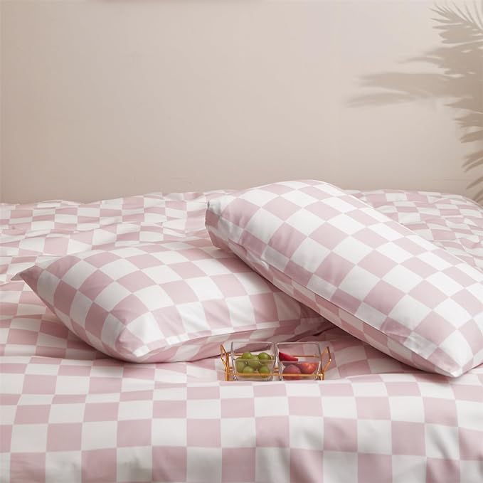 Wellboo Pink White Plaid Comforter Sets Queen Women Men Bean Pink and White Checkerboard Grid Bedding Comforters Cotton Boys Girls Modern Dusty Pink Checkered Geometric Quilts Luxury Abstract Bed