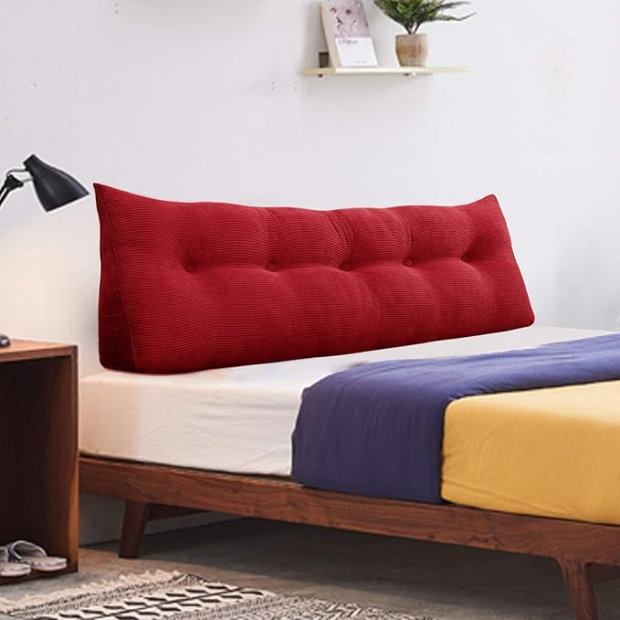 WOWMAX 100% Cotton Corduroy Headboard Pillow – Full Size Back Support Reading Wedge for Bed & Daybed, Plush Handmade Bolster Cushion with Removable Cover, Cozy Bed Rest Pillow, Red