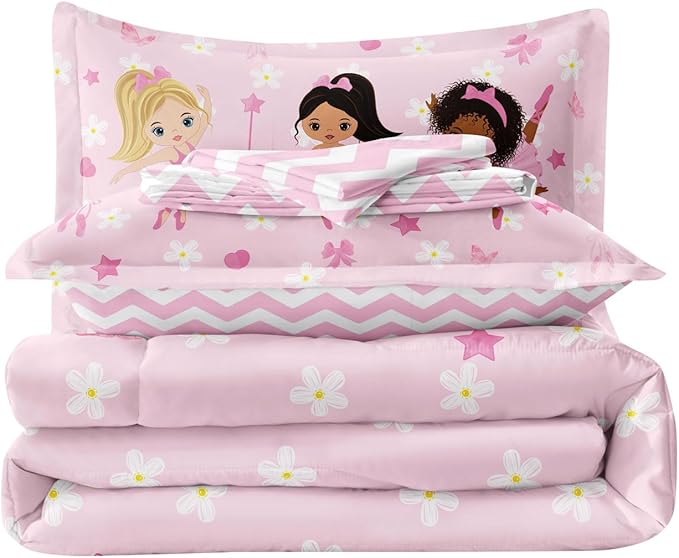 Twin Bedding Set for Girls Kids 5 Pieces Comforter Sets Bed in a Bag Pink Floral Ballerina Bedding Comforter Sheet Set Cute Bedroom Decor