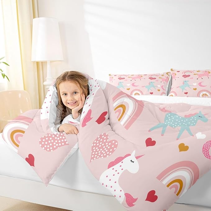 Feelyou Girls Unicorn Comforter Set Queen Size Kids Cute Pink Rainbow Horse Decor Comforter for Unicorn Lover Daughter Bedding Set Boho Star Moon Duvet Set (1 Comforter + 2 Pillowcases, Queen)