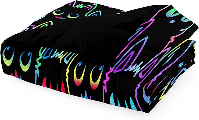 Cat Comforter Set for Girls Room-Colorful Cartoon Cats Bedding Bedroom Room Decor Ultra Soft All-Season with 1 and 2 Pillowcases,Queen Size