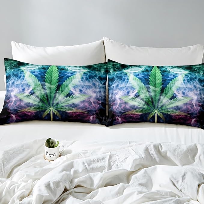 Cannabis Leaves Queen Size Comforter Cover,Psychedelic Smoke Duvet Cover with 2 Pillowcase,Marijuana Leaf Weed 3 Pieces Quilt Set,Hippie Plant Chic Bedding Set,Teens Adults Birthday Gift,No Comforter