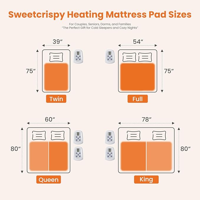 Sweetcrispy Heated Mattress Pad Queen Size (80×60″) – Dual Zone Electric Bed Warmer, 12 Adjustable Heat Settings, 12‑Hour Auto Shut‑Off, Machine Washable, ETL Certified