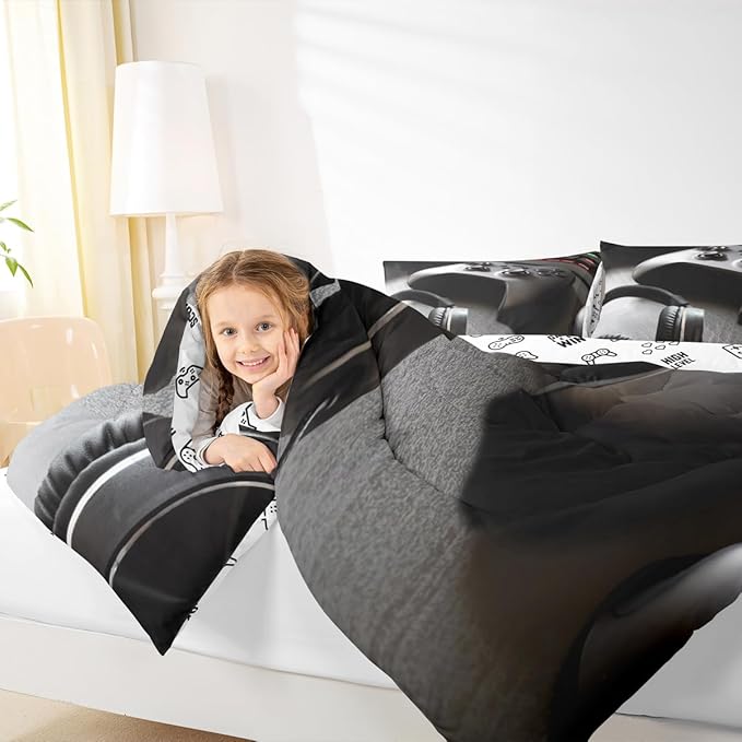 Feelyou Gaming Bedding Set Boys Game Controller Comforter for Kids Girls Teens Modern Gamer Headset Comforter Set Youth Gaming Console Video Game Decor Duvet Set with 1 Pillow Case Twin Size Black