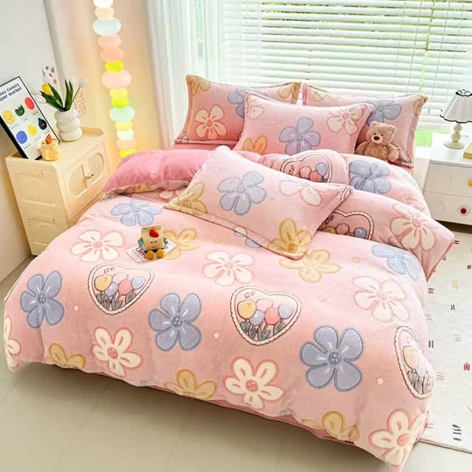 Pink Floral Kids Duvet Cover Set Queen Cute Kawaii Bedding Set Snowflake Fluffy Comforter Cover Blanket Soft Reversible Duvet Cover Set Room Decor for Girls Women Boys(Pink Flowers,Queen)