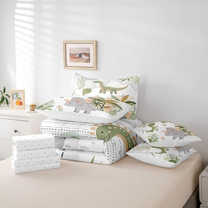 Feelyou Kids Cute Dinosaur 7 Piece Bedding Set King Size Cartoon Green Dinosaur Comforter Set with Sheets for Boys Girls Teens Cute Animal Bed in a Bag Coconut Plant Bed Set
