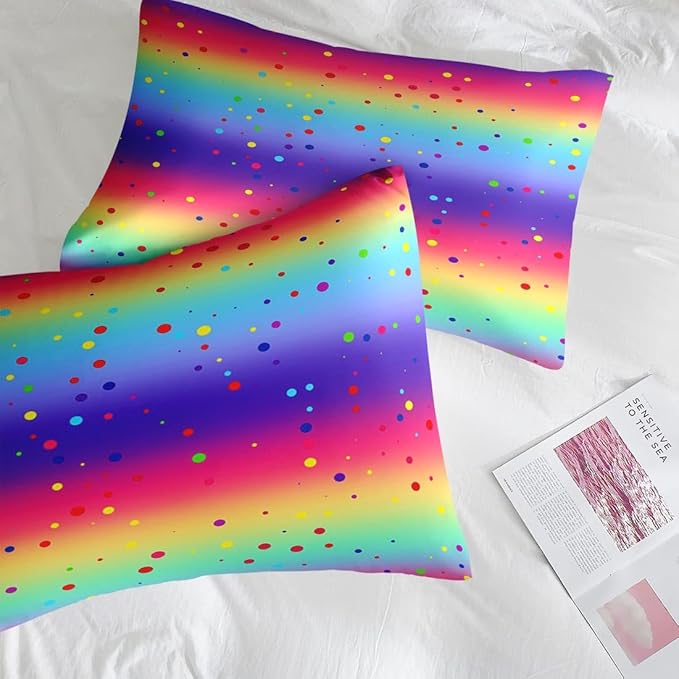 Comforter Set Queen Size, Cute Rainbow Polka Dot 7 Pcs Bedding for Kids and Adults, Colorful Glitter Bed Sheet Sets with Fitted Sheet 2 Pillowcases & 2 Shams for Bedroom Bed Decor