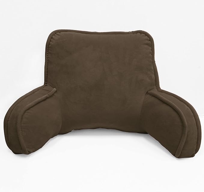Super Soft Velvety Backrest Reading Bed Rest Pillow with Arms and Pockets 18" H for Sitting in Bed Couch Sofa, Back Support Wedge Cushion with Removable Cover, 20" x 18" x17", Coffee Brown