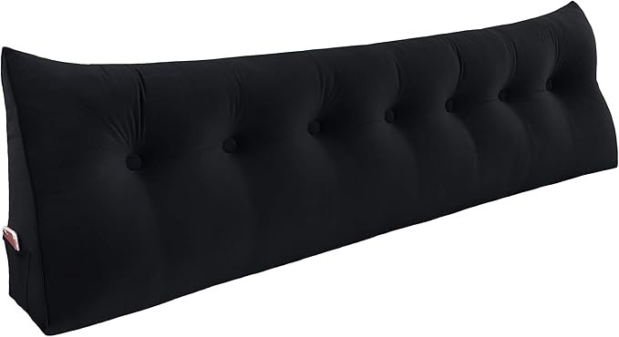 WOWMAX 100% Cotton Velvet Headboard Pillow – King Size Wedge Back Support Reading Bolster for Bed & Daybed, Handmade Firm Support Cushion with Removable Cover, Soft Luxury Bed Rest Pillow, Black
