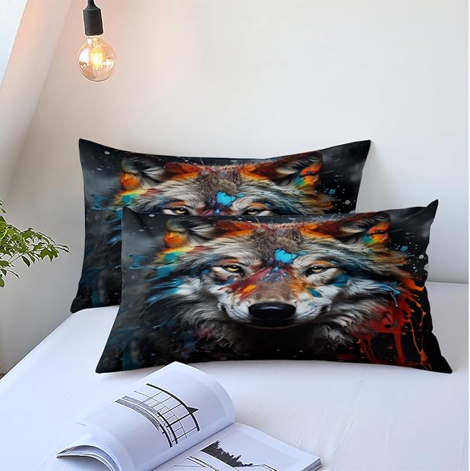 Colorful Wolf Bed Duvet Cover Sets King Size with 2 Pillowcases for Kids Boys Teens Adult Bedroom Decor, Animal Petal Country Bedding Decor
