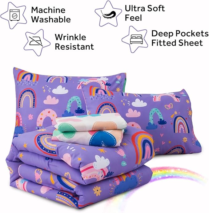 Holawakaka Boho Rainbow Queen Comforter Set with Sheets, 5-Piece Bohemian Love Heart Star Bedding Set for Girls & Women -Super Soft Microfiber Kids Teen-Girls Lavender Reversible Bed-in-a-Bag