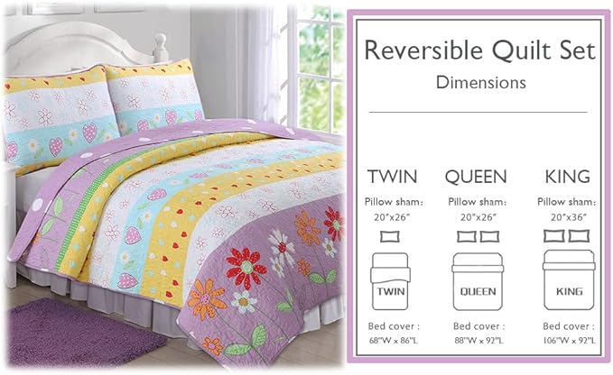 Cozy Line Home Fashions Floral Heart Print Reversible Girl Bedding Quilt Set, Bedspread, Coverlet (Flower Garden, Queen - 3 Piece)