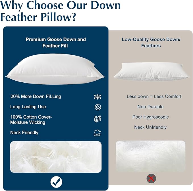 Luxury Goose Feather Down Pillows Standard Size Set of 2, 3-Chamber 5 Star Hotel Pillow for Deep Sleep, Soft Bed Pillows for Neck Pain Relief, Perfect for Side, Back Sleepers - 20"x26"