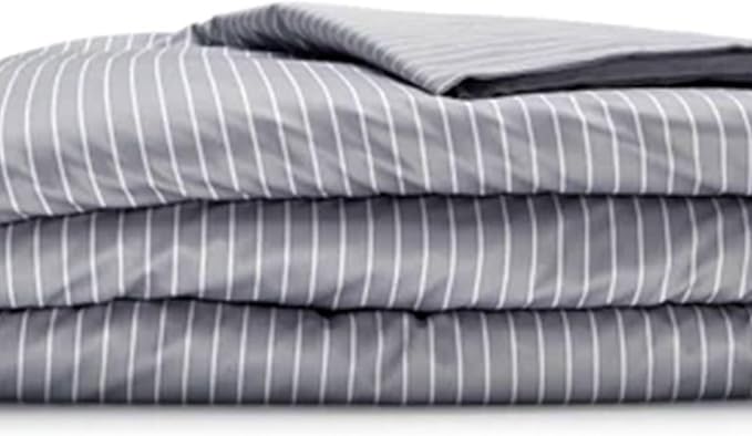 Sleepgram Supima Machine Washable 400 Thread Count Cotton Silver Ion Infused Luxury Zippered Duvet Cover with Travel Bag, Twin, Grey Stripe