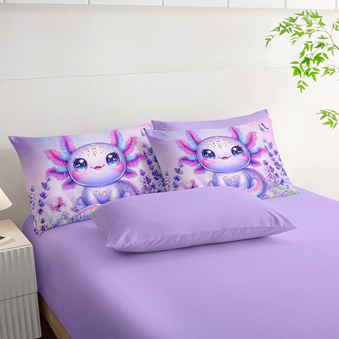 Axolotl Bedding 7 Piece Comforter Set Twin Size,Marine Life Themed Bed Set for Toddlers Girls Room Decor,Cute Kids Bedding with 1 Comforter,1 Flat Sheet,1 Fitted Sheet,4 Pillowcases.