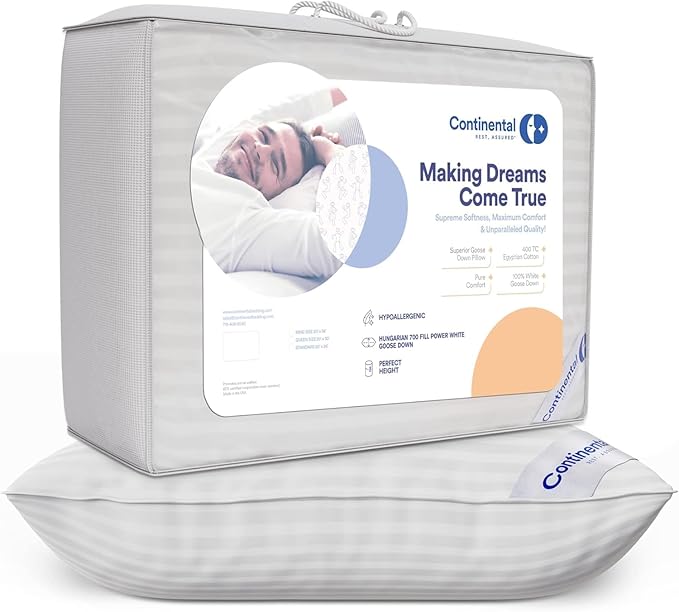 Continental Bedding | Serenity Goose Down Pillow | 700 Fill Power Hungarian White Down | 400TC Cotton Damask Shell | Made in USA | King, Soft with Protector