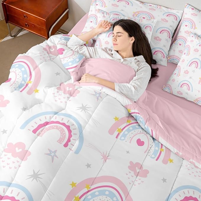 Feelyou Cute Rainbow 7 Piece Bedding Set Pink Blue Comforter Set with Sheets for Kids Boys Girls Star Print Bed in a Bag Cartoon Cute Bed Set Soft Lightweight