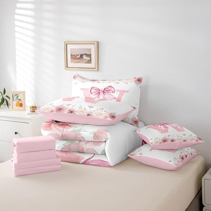 Erosebridal Pink Bow Tie Bowknot Bed in A Bag, Initial Letter W Bedding Sets, Romantic Flower Floral Comforter Set with Sheets for Kids Girls Dreamy Princess Style Bed Set Bedroom Decor King Size