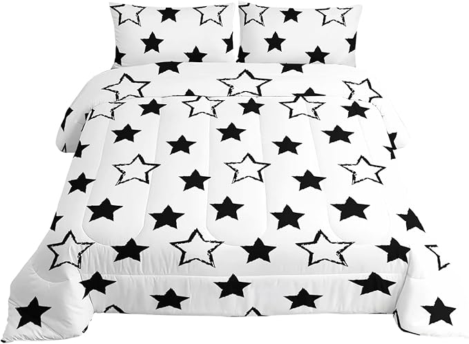 Axolotl Kids Full Bedding Comforter Set,3Pcs Super Cute Soft Black and White Stars Quilt Set Bed in A Bag with 1 Comforter 2 Pillowcases for Kids Boys Girls Teens Adults Room Decor All Season