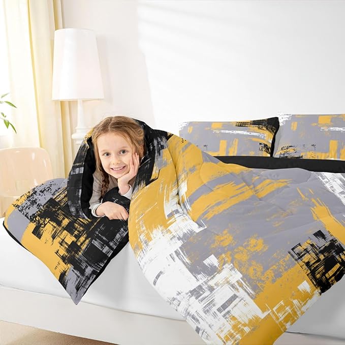 Feelyou Abstract Bedding Set Kids Modern Abstract Art Comforter Set Yellow Grey Black Comforter for Boys Room Decor Lightweight Retro Duvet Set Queen Size with 2 Pillow Case