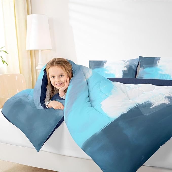 Feelyou Abstract Comforter Modern Abstract Art Comforter Set for Boys Girls Children Teal Blue Grey Pattern Bedding Set Room Decor King Size Duvet Set 3Pcs