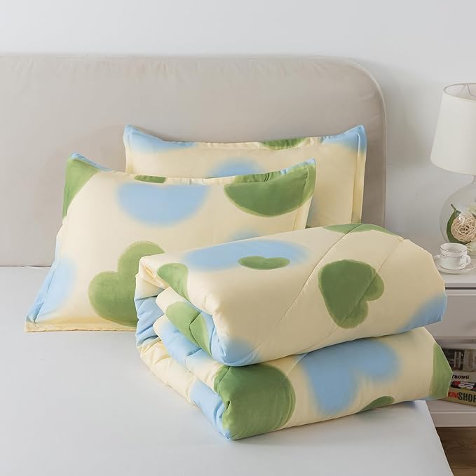 Caressma Heart Print Full Size Comforter Set, Green and Yellow Blue Lovely 3 Pieces Beddig Comforter with Matching Pillow Shams for All Seasons