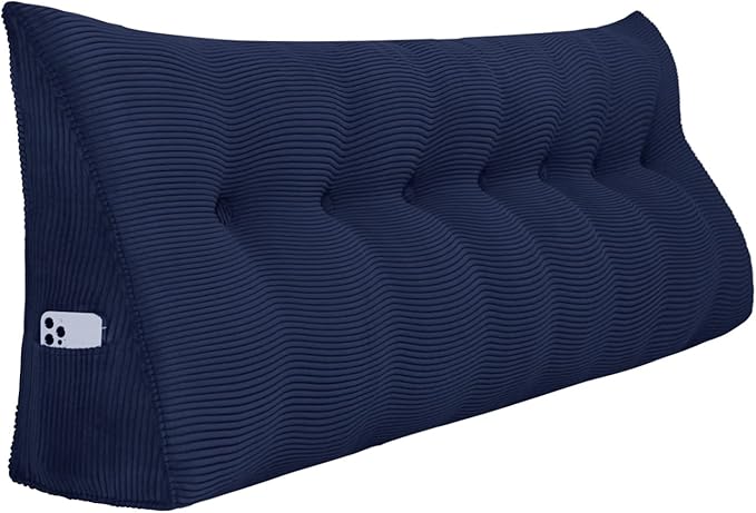 Wedge Headboard Pillow Dorm Room Reading Pillow Back Support for Sitting Up in Bed Bolster Lumbar Cushion Body Positioning Bedrest Corduroy (Navy Blue, King (76 * 8 * 20in))