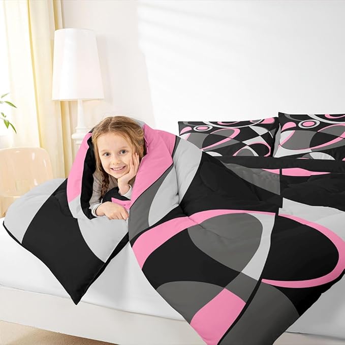 Feelyou Pink Grey and Black Comforter Retro Circle Geometrics Comforter Set Modern Abstract Art Bedding Set for Kids Boys Girls Geometrics Swirl Duvet Set Luxury Room Decor Quilt Set Full Size