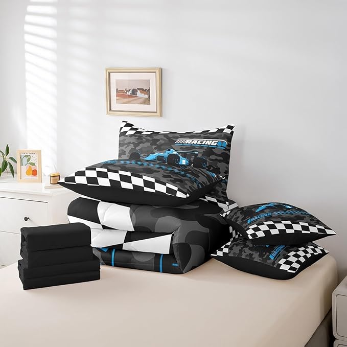 Feelyou Blue Racing Car 7 Piece Bedding Set King Size Kids Boys Cartoon Race Car Comforter Set with Sheets for Teens Toddler Extreme Sports Bed in a Bag Camouflage Bed Set