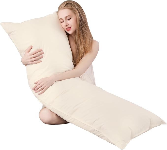 Goose Down Body Pillows for Adults, Large Body Pillow for Side Sleeper, Hugging Feather Body Pillow Insert, Cooling Full Length Long Pillow for Bed with 100% Organic Cotton Shell, Beige 20"x54"