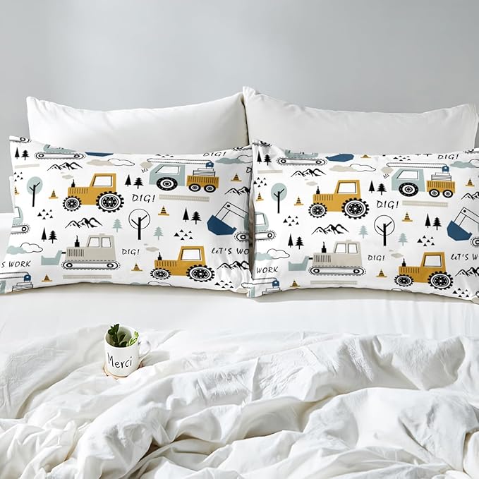 Feelyou Cartoon Car Kids Comforter Set Construction Bedding Set for Boys Toddler Decor Equipment Trucks Comforter Cartoon Car Excavator Tractor White Yellow Duvet Set Bedroom Quilt Set 3Pcs King