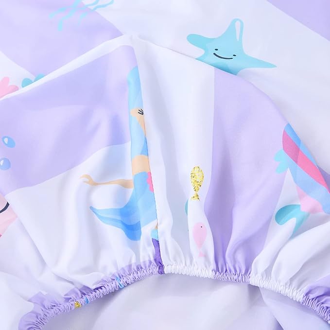 URBONUR 4-Piece Toddler Bedding Set - Ultra Soft Cartoon Mermaid Girls Toddler Comforter Set Coral Starfish - Include Comforter, Flat Sheet, Fitted Sheet and Reversible Pillowcase, Purple Mermaid