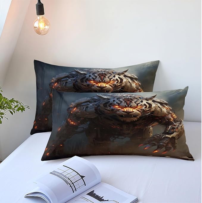 Cartoon Tiger Bed Sheets Queen Size with 2 Pillow Cases Standard Size, Fitted Flat Sheet for Kids Boys Teens Adult Bedroom Decor, Animal Bed Sheets Floral Petal Country Bedding Decor