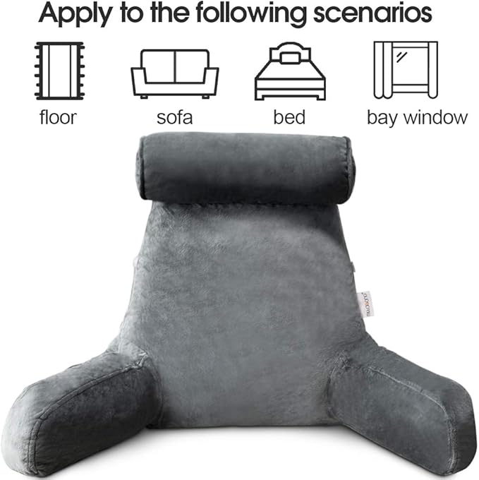 Extra Large Reading Pillow for Sitting in Bed Adult with Detachable Neck Support Cushion & Backrest Pillow for Bed with Arms and Side Pocket Shredded Foam Back Pillow with Washable Cover