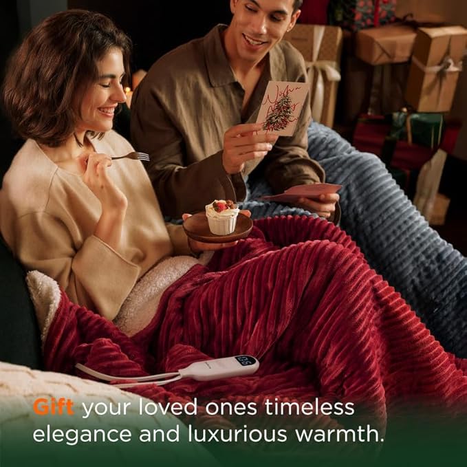 Bedsure GentleSoft Heated Blanket Throw - Soft Ribbed Flannel Electric Blanket, Heating with 4 Time Settings, 6 Heat Settings, and 3 hrs Timer Auto Shut Off, Gifts for Grandma (50x60 inches, Burgundy)