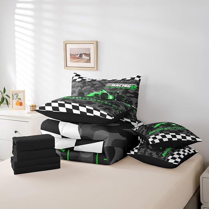 Feelyou Green Racing Car 7 Piece Bedding Set King Size Kids Boys Cartoon Race Car Comforter Set with Sheets for Teens Toddler Extreme Sports Bed in a Bag Camouflage Bed Set
