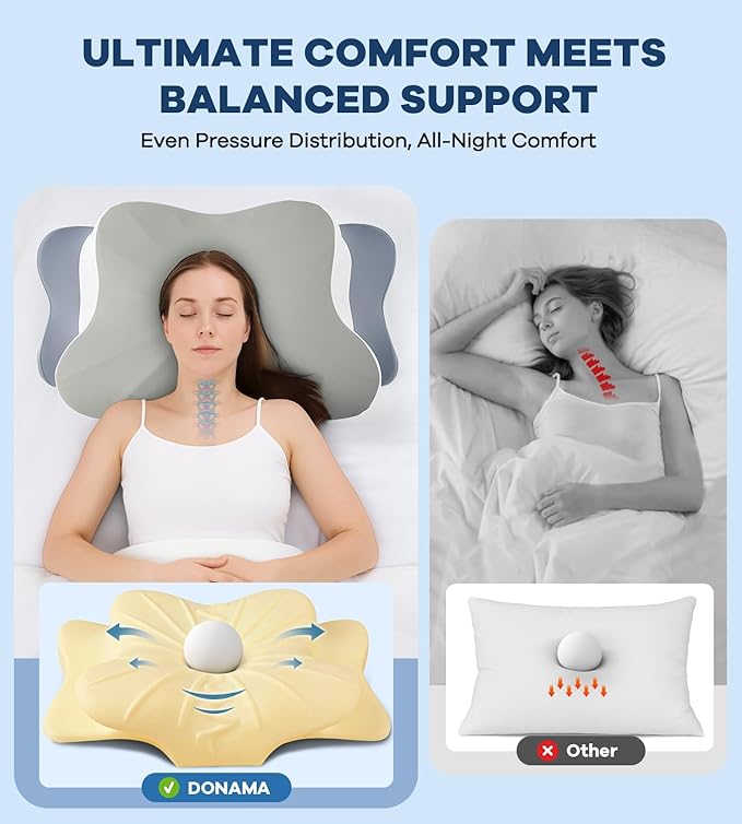 Cervical Pillow for Neck Pain Relief, Cooling Ergonomic Memory Foam Pillow with Ice Silk Pillowcase, Dual-Height Orthopedic Contour Support Pillow for Side,Back,Stomach Sleepers, CertiPUR-US Certified