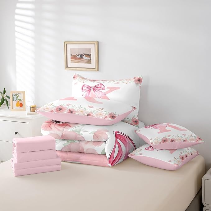 Erosebridal Initial Letter K Bed in A Bag Pink Monogrammed Bowknot Bedding Sets King for Girls Kids Young Woman, Floral Dreamy Princess Style Comforter Set with Sheets with 2 Pillowcases
