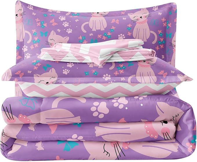 5 Piece Girls Cat Comforter Set Full Size Bed in A Bag Pink Cute Cartoon Cats Bedding Set for Kids Teens (1 Comforter, 1 Flat Sheet, 1 Fitted Sheet, 2 Pillowcases), Purple Pink