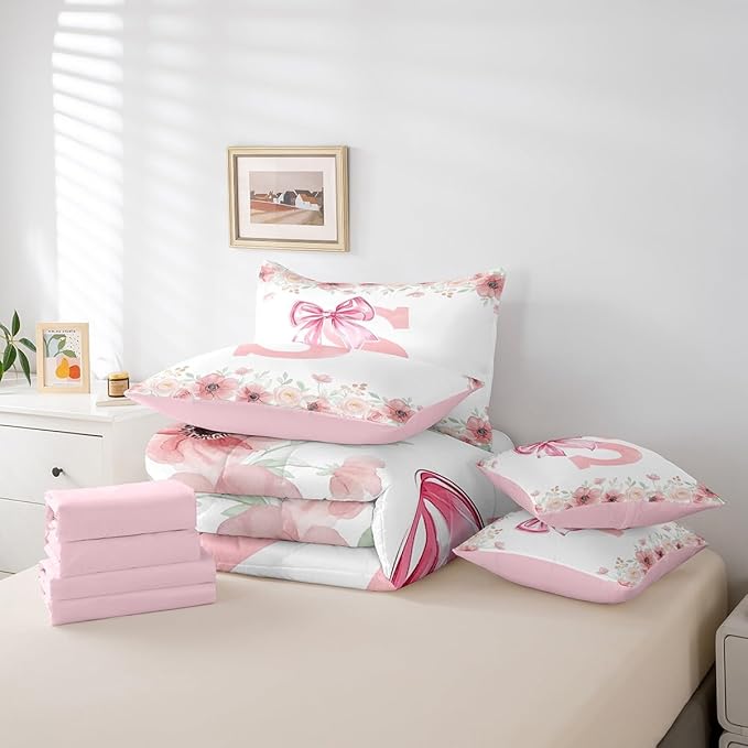 Erosebridal Initial S Letter Bed in A Bag Kawaii Princess Bowknot Girls King Bedding Sets Dreamy Romantic Bow Bed Set Bedroom Decor Flower Princess Style Bowknot Comforter Set with Sheets for Kids