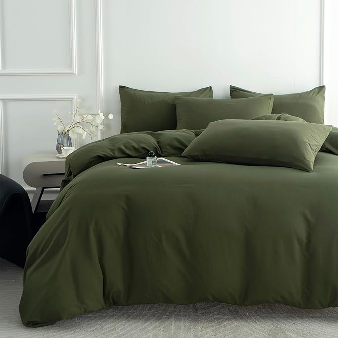 Green Duvet Cover King 100% Brushed Microfiber 3-Piece Set - Army Green with Zipper Closure - Luxury Soft