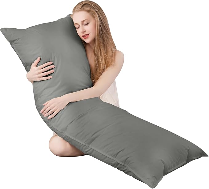 Goose Down Body Pillows for Adults, Large Body Pillow for Side Sleeper, Hugging Feather Body Pillow Insert, Cooling Full Length Long Pillow for Bed with 100% Organic Cotton Shell, 20"x72" Dark Grey