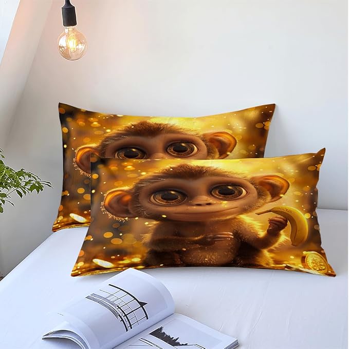 Cartoon Monkey Bedding Set Full Size Little Monkey Duvet Cover Set Gold Monkey Quilted Duvet with 2 Pillow Case for Kids Boys Girls Teens,Full